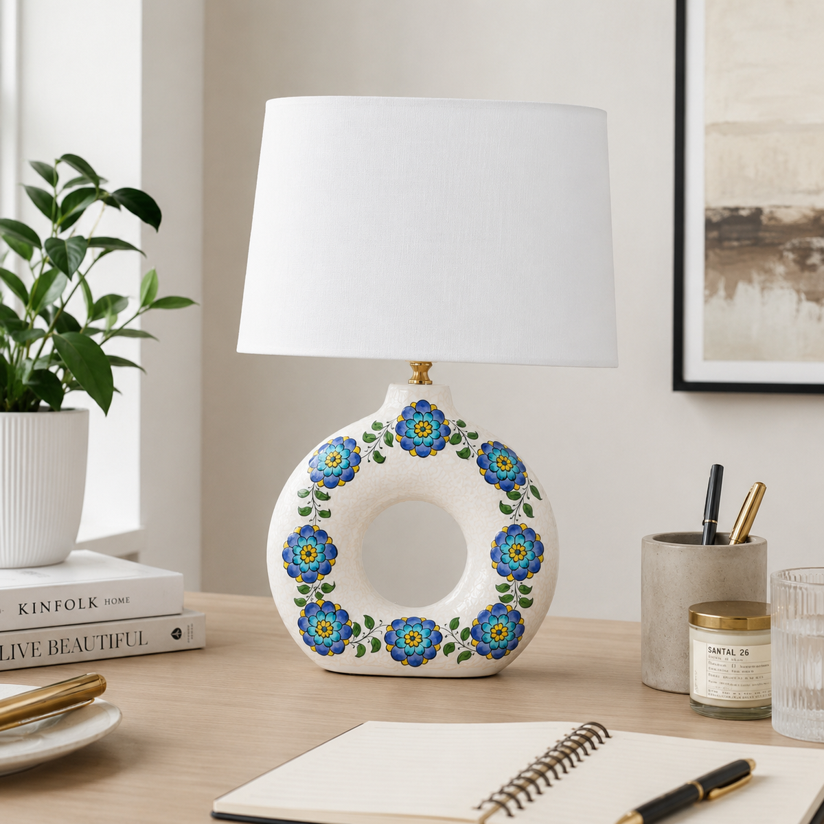 Round Ceramic Table Lamp with Turquoise Floral Medallions, Donut Lamp