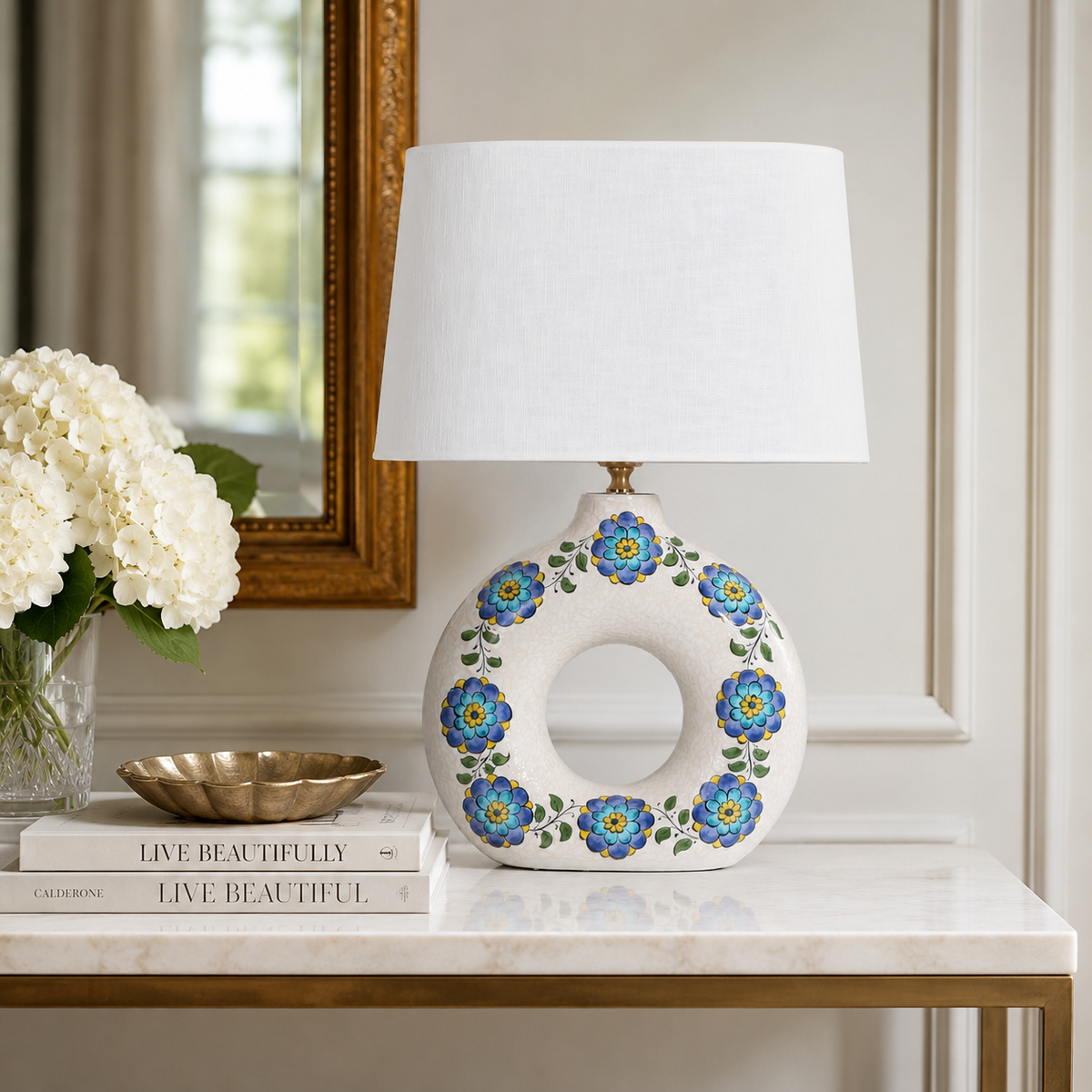 Round Ceramic Table Lamp with Turquoise Floral Medallions, Donut Lamp
