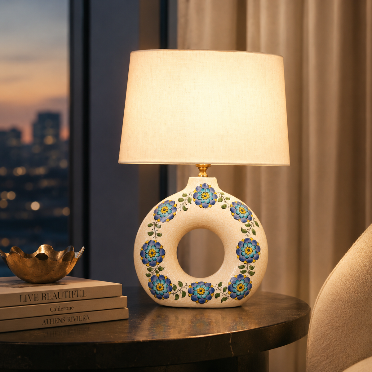 Round Ceramic Table Lamp with Turquoise Floral Medallions, Donut Lamp