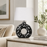 Black Round Ceramic Table Lamp, White Pattern Hand-Painted Donut Lamp