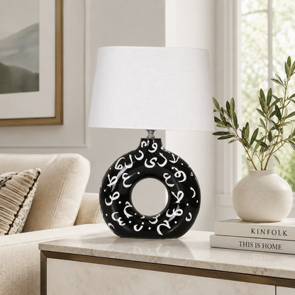 Black Round Ceramic Table Lamp, White Pattern Hand-Painted Donut Lamp