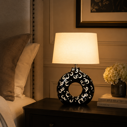 Black Round Ceramic Table Lamp, White Pattern Hand-Painted Donut Lamp