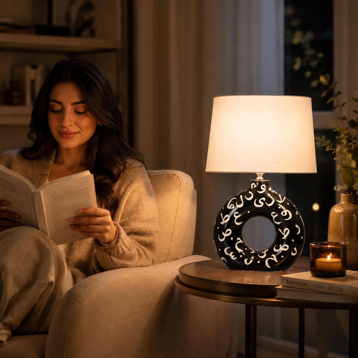 Black Round Ceramic Table Lamp, White Pattern Hand-Painted Donut Lamp