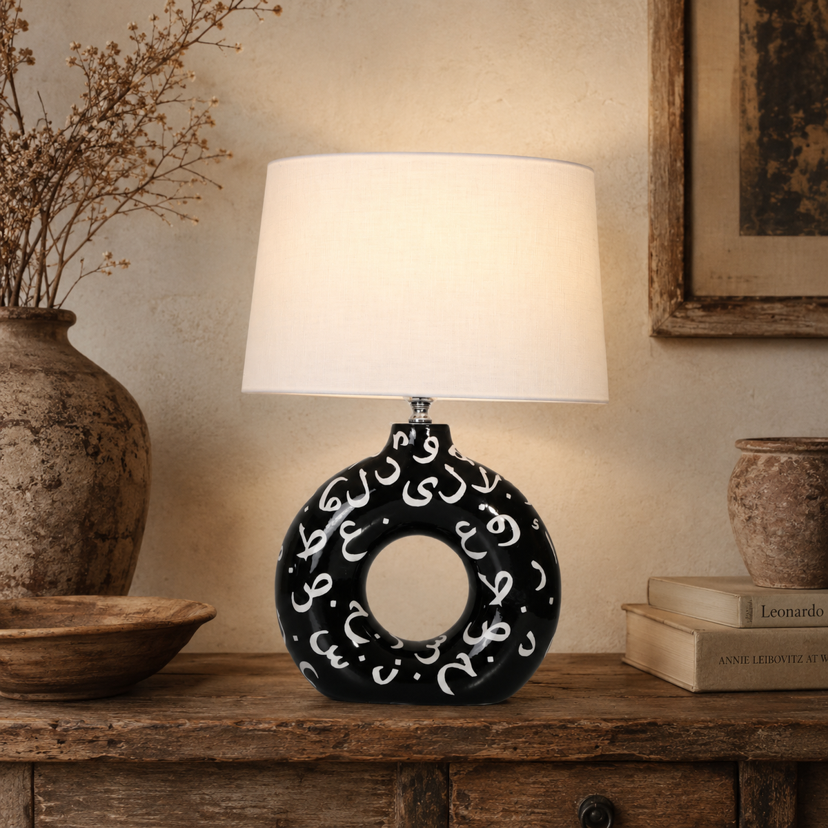 Black Round Ceramic Table Lamp, White Pattern Hand-Painted Donut Lamp