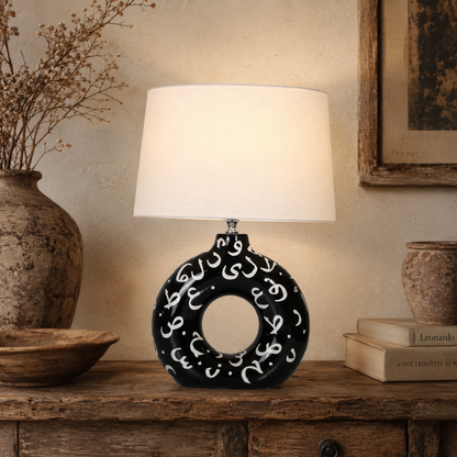 Black Round Ceramic Table Lamp, White Pattern Hand-Painted Donut Lamp