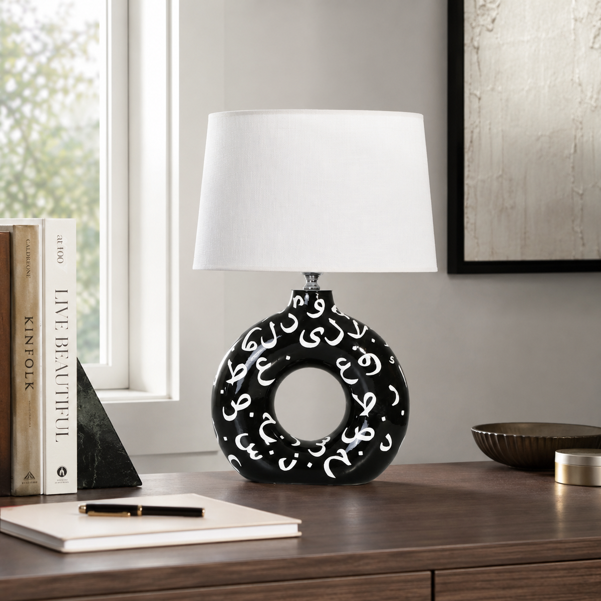 Black Round Ceramic Table Lamp, White Pattern Hand-Painted Donut Lamp