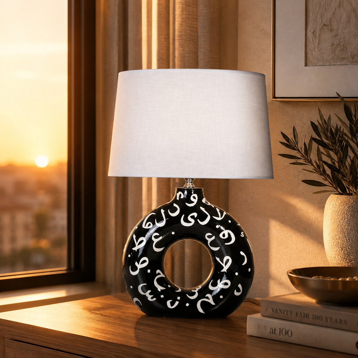 Black Round Ceramic Table Lamp, White Pattern Hand-Painted Donut Lamp