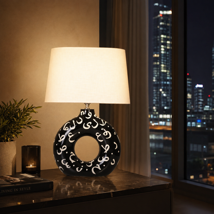 Black Round Ceramic Table Lamp, White Pattern Hand-Painted Donut Lamp