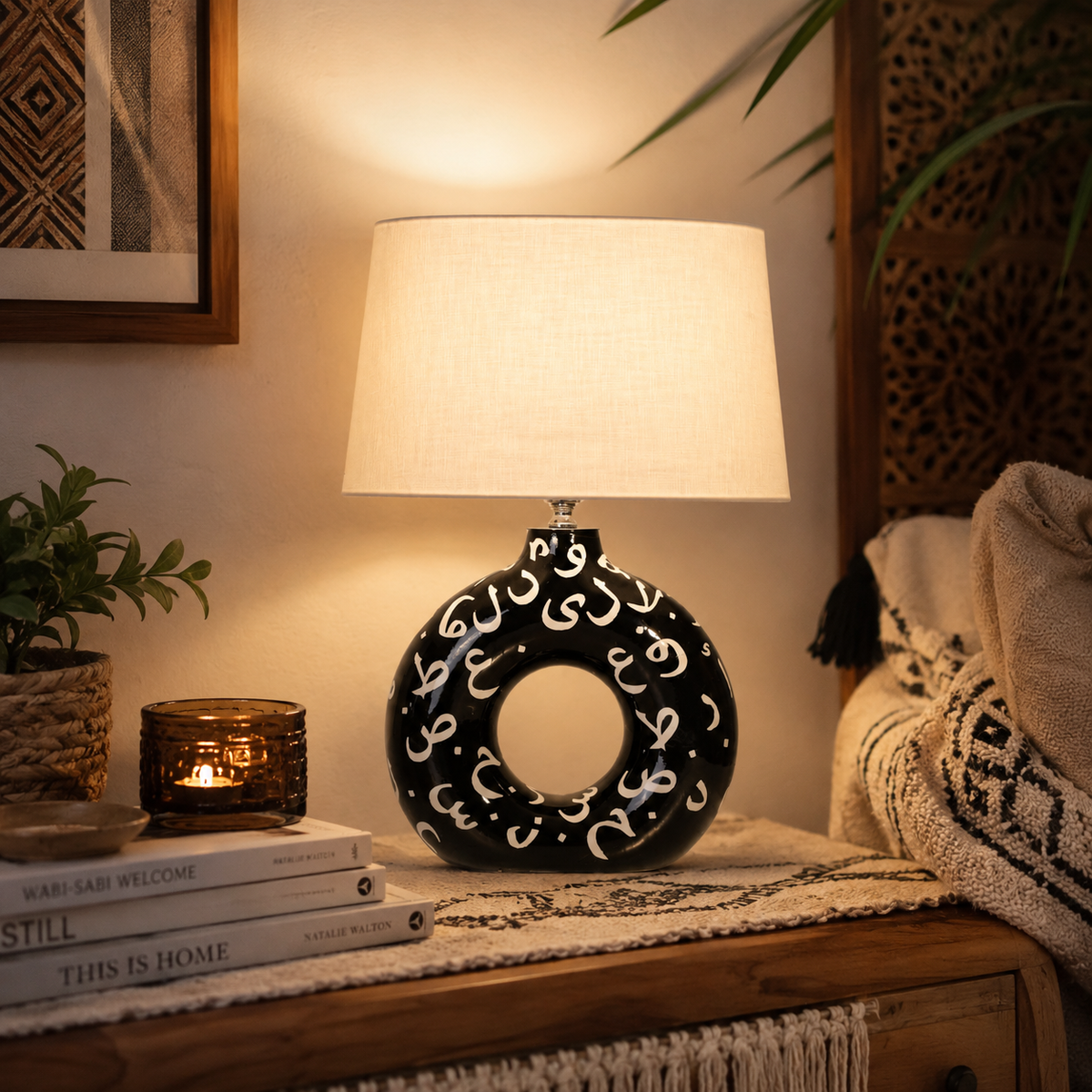 Black Round Ceramic Table Lamp, White Pattern Hand-Painted Donut Lamp