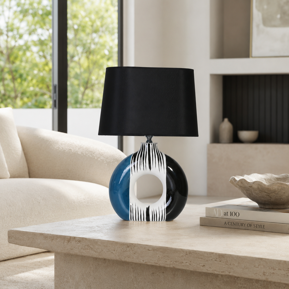 Modern Round Ceramic Table Lamp, Blue & Black Striped Donut Lamp