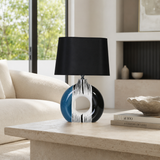 Modern Round Ceramic Table Lamp, Blue & Black Striped Donut Lamp