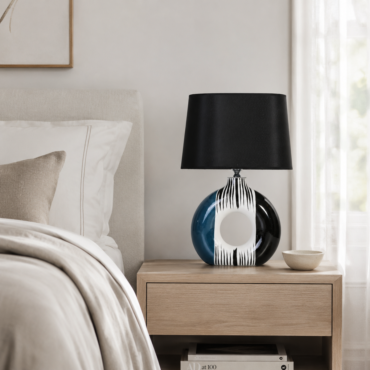 Modern Round Ceramic Table Lamp, Blue & Black Striped Donut Lamp