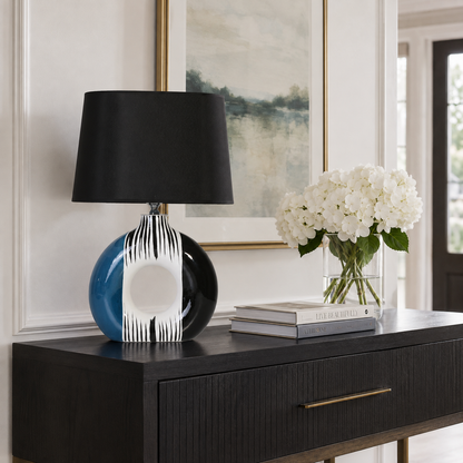 Modern Round Ceramic Table Lamp, Blue & Black Striped Donut Lamp