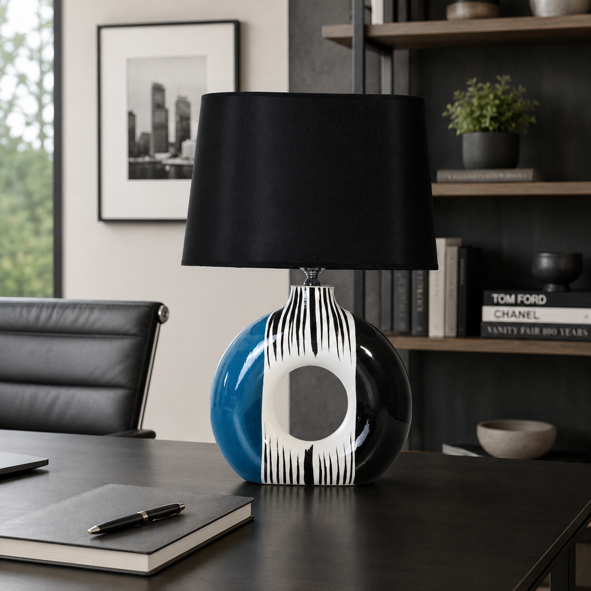 Modern Round Ceramic Table Lamp, Blue & Black Striped Donut Lamp