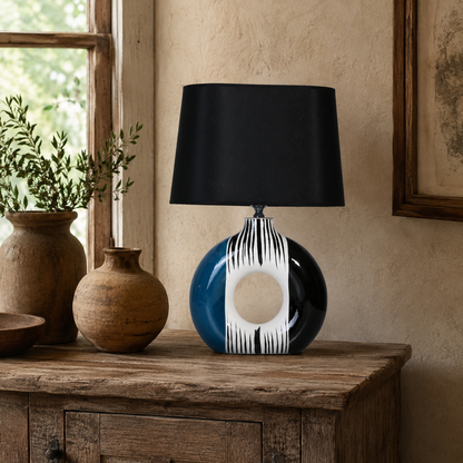 Modern Round Ceramic Table Lamp, Blue & Black Striped Donut Lamp