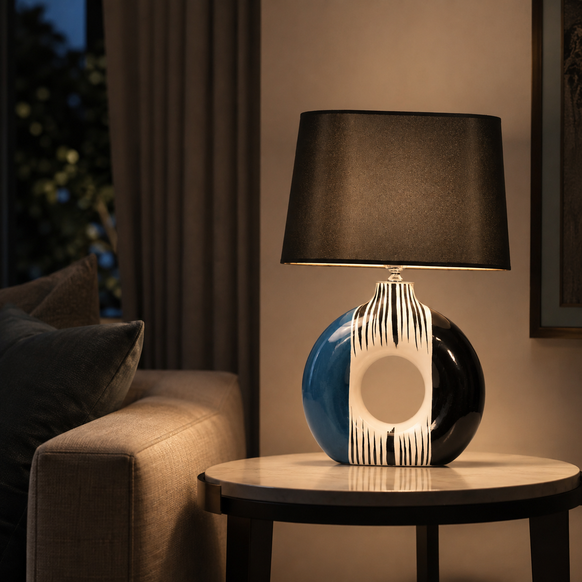 Modern Round Ceramic Table Lamp, Blue & Black Striped Donut Lamp