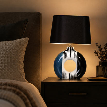 Modern Round Ceramic Table Lamp, Blue & Black Striped Donut Lamp