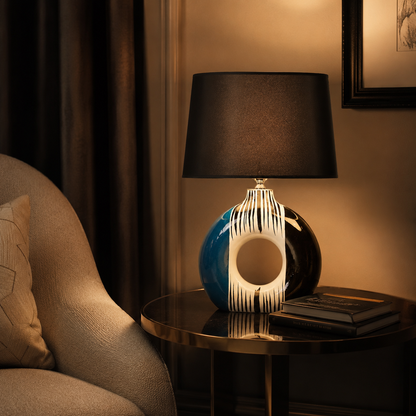 Modern Round Ceramic Table Lamp, Blue & Black Striped Donut Lamp