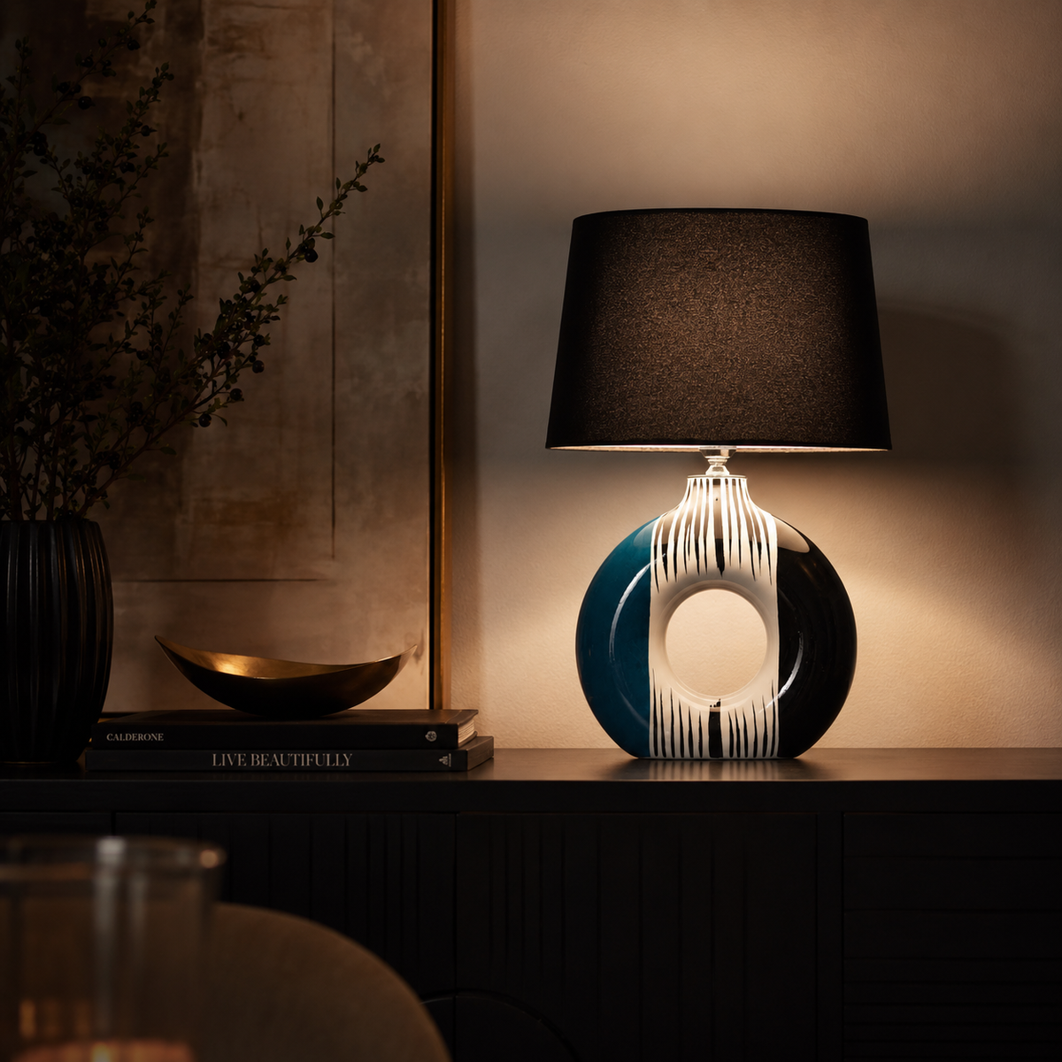 Modern Round Ceramic Table Lamp, Blue & Black Striped Donut Lamp