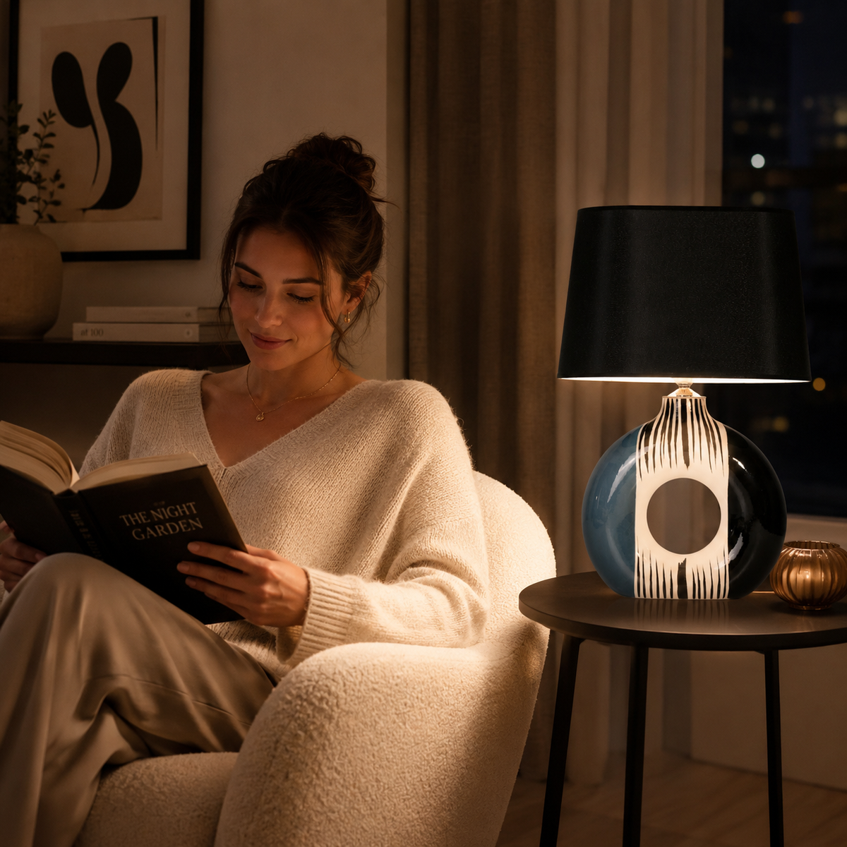 Modern Round Ceramic Table Lamp, Blue & Black Striped Donut Lamp