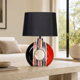 Modern Round Ceramic Table Lamp, Red & Black Striped Donut Lamp