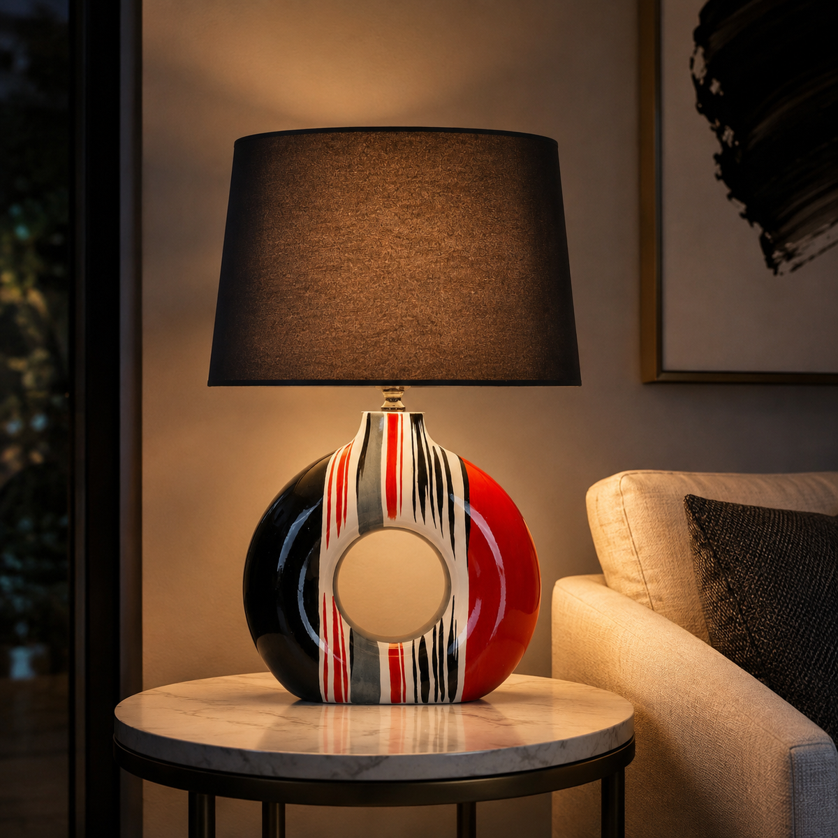 Modern Round Ceramic Table Lamp, Red & Black Striped Donut Lamp