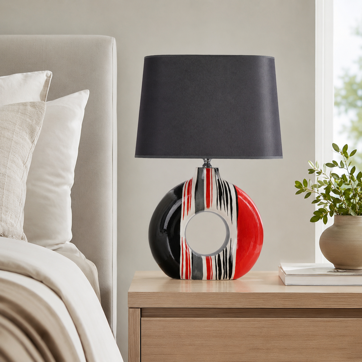 Modern Round Ceramic Table Lamp, Red & Black Striped Donut Lamp