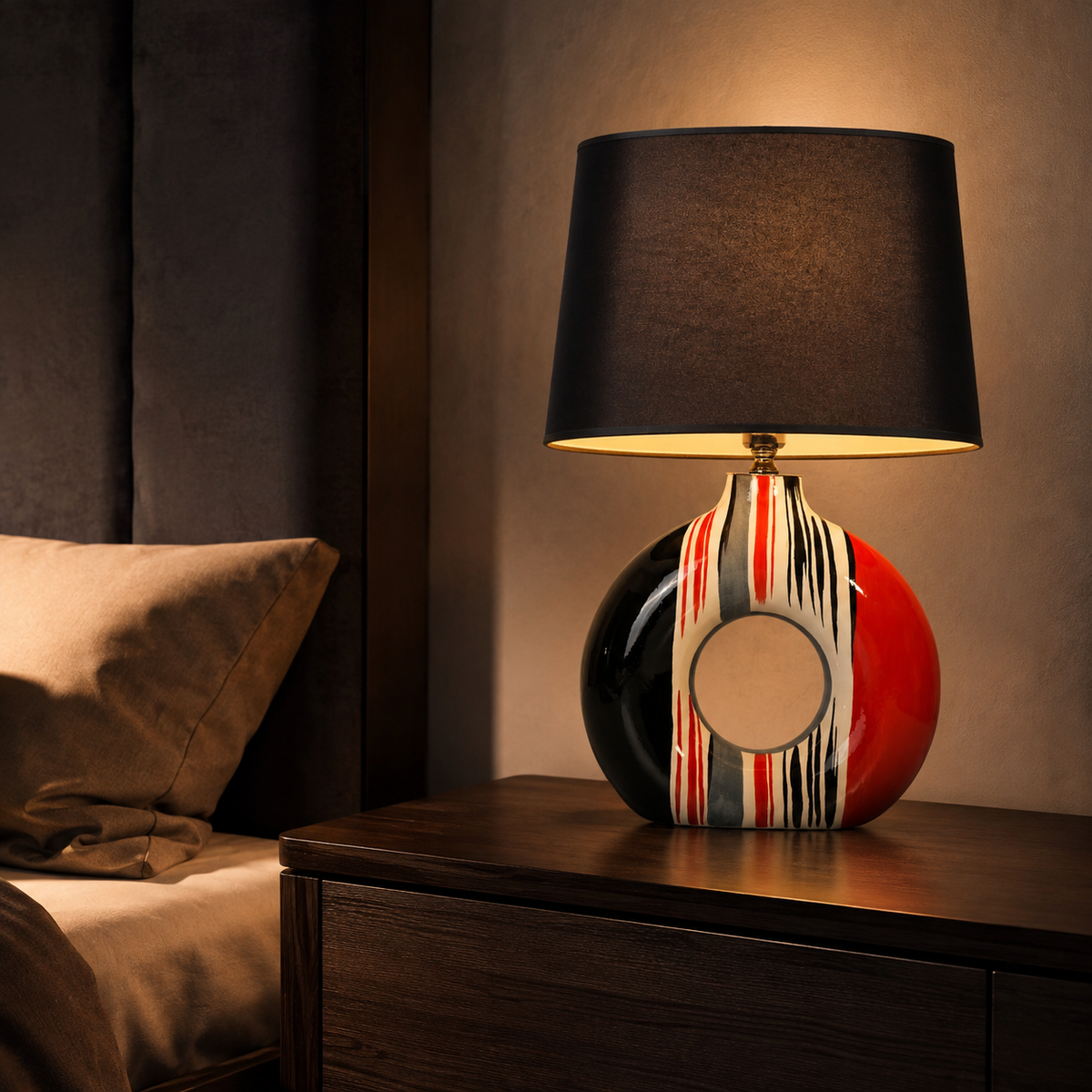 Modern Round Ceramic Table Lamp, Red & Black Striped Donut Lamp