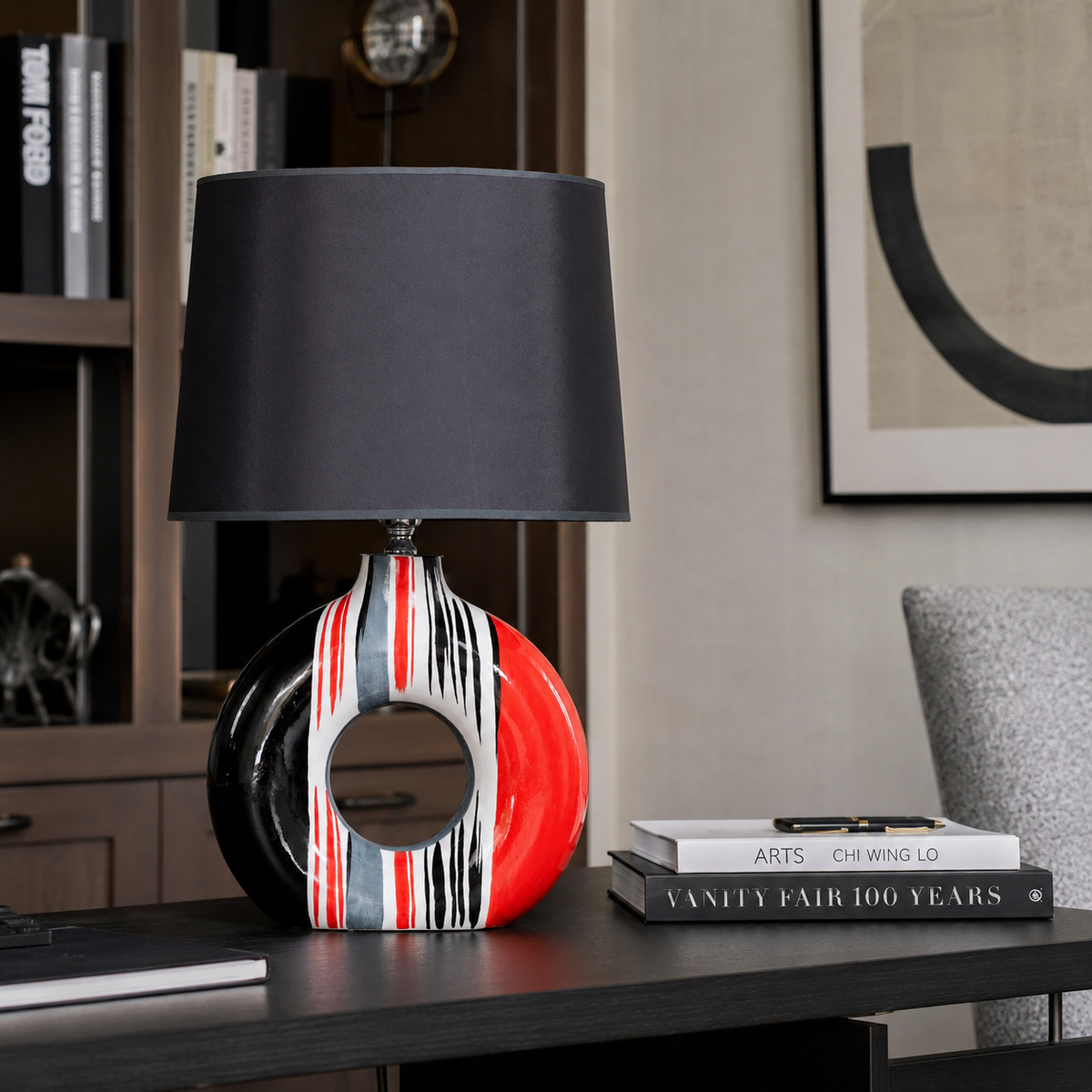 Modern Round Ceramic Table Lamp, Red & Black Striped Donut Lamp