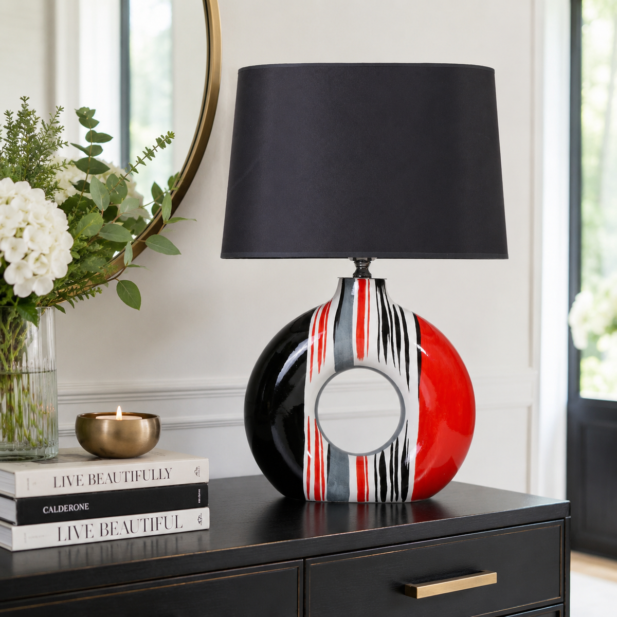 Modern Round Ceramic Table Lamp, Red & Black Striped Donut Lamp