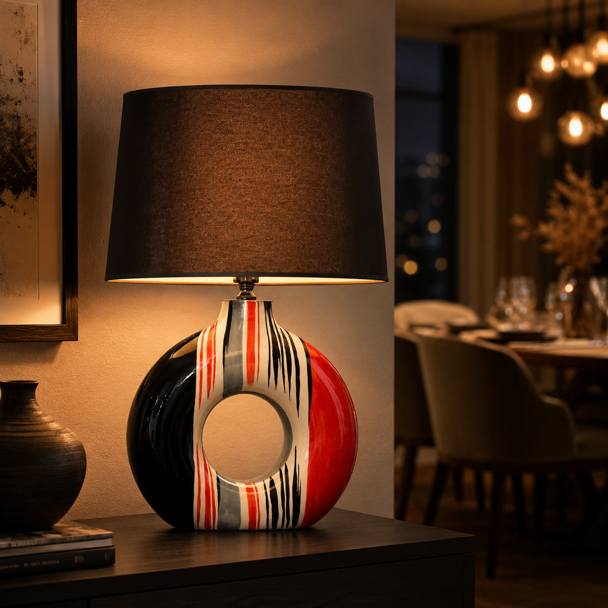 Modern Round Ceramic Table Lamp, Red & Black Striped Donut Lamp
