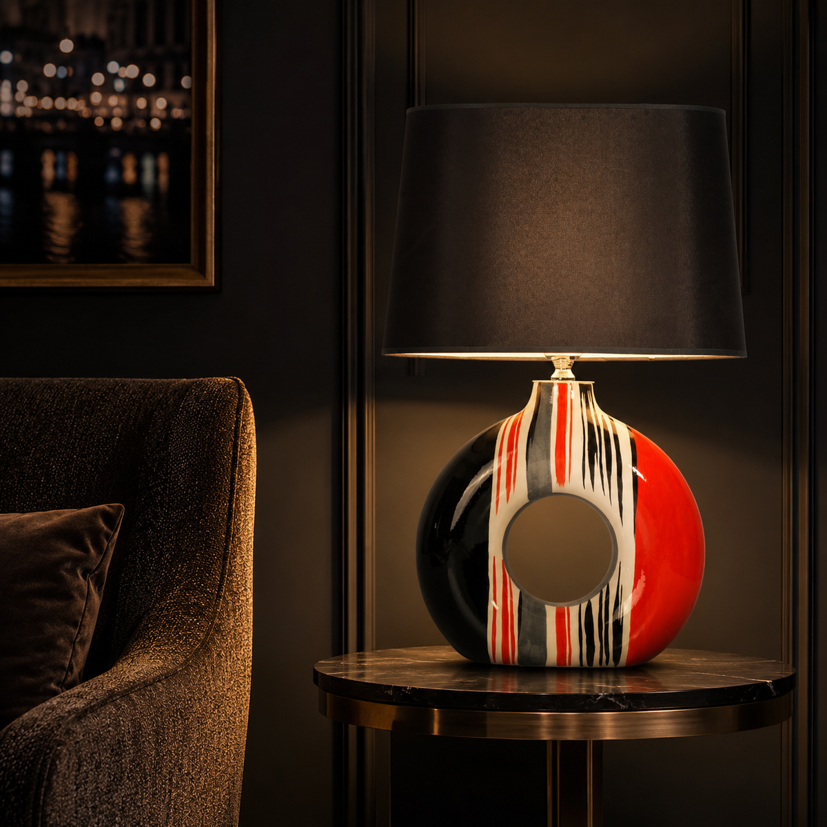 Modern Round Ceramic Table Lamp, Red & Black Striped Donut Lamp