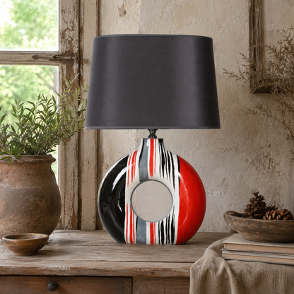 Modern Round Ceramic Table Lamp, Red & Black Striped Donut Lamp