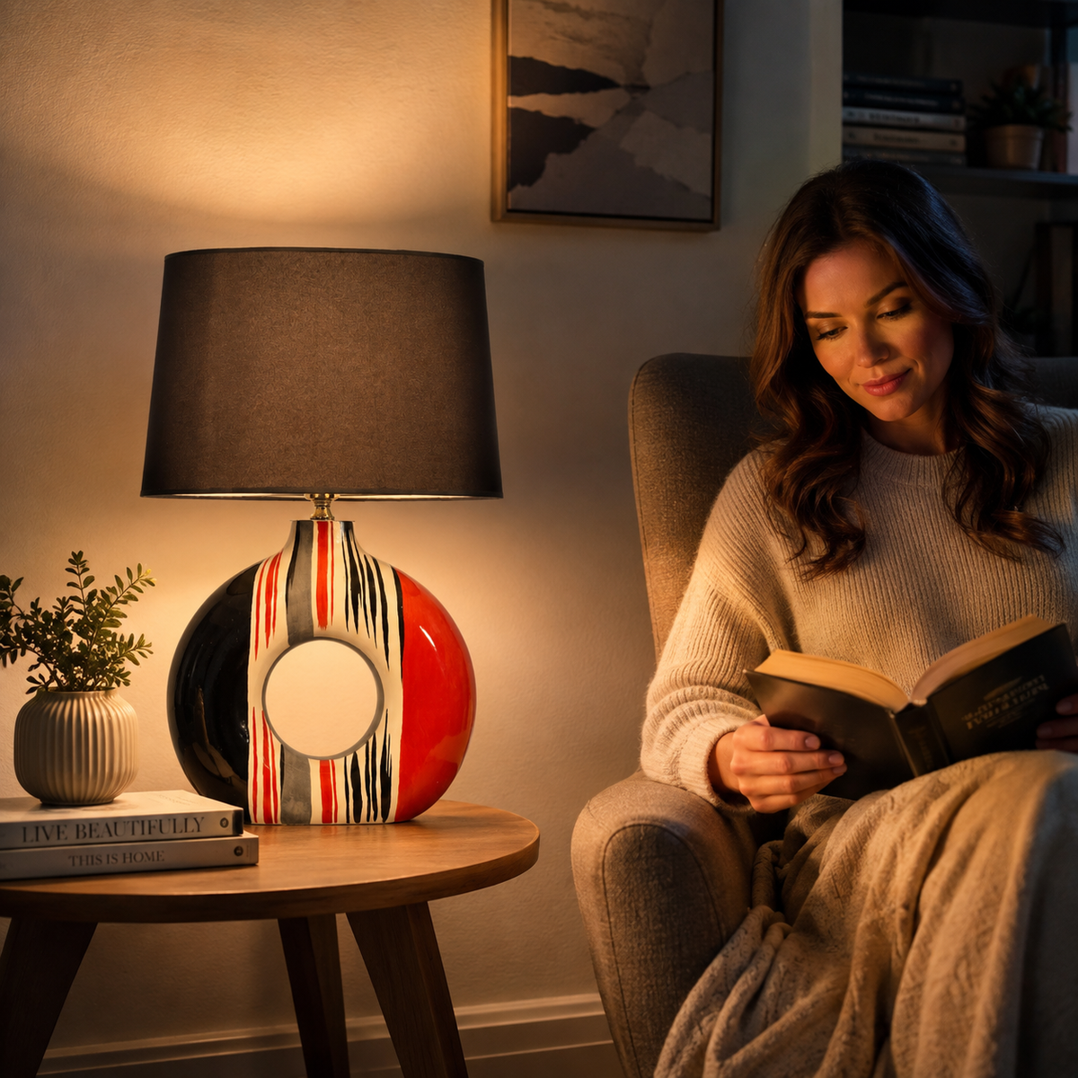 Modern Round Ceramic Table Lamp, Red & Black Striped Donut Lamp