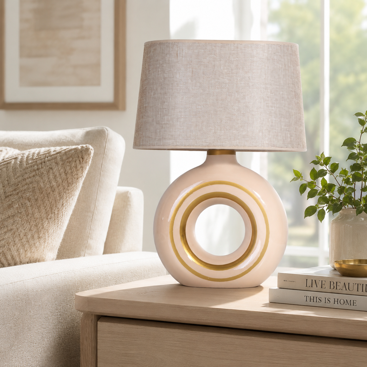 Modern Round Ceramic Table Lamp, Cream & Gold Ring Donut Lamp with Linen Shade