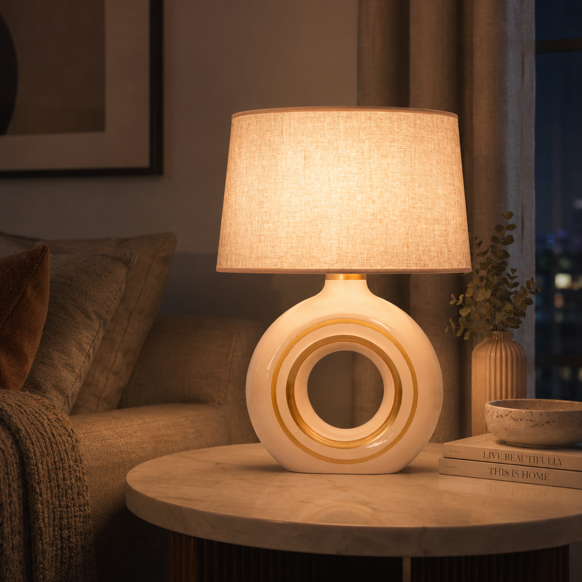 Modern Round Ceramic Table Lamp, Cream & Gold Ring Donut Lamp with Linen Shade