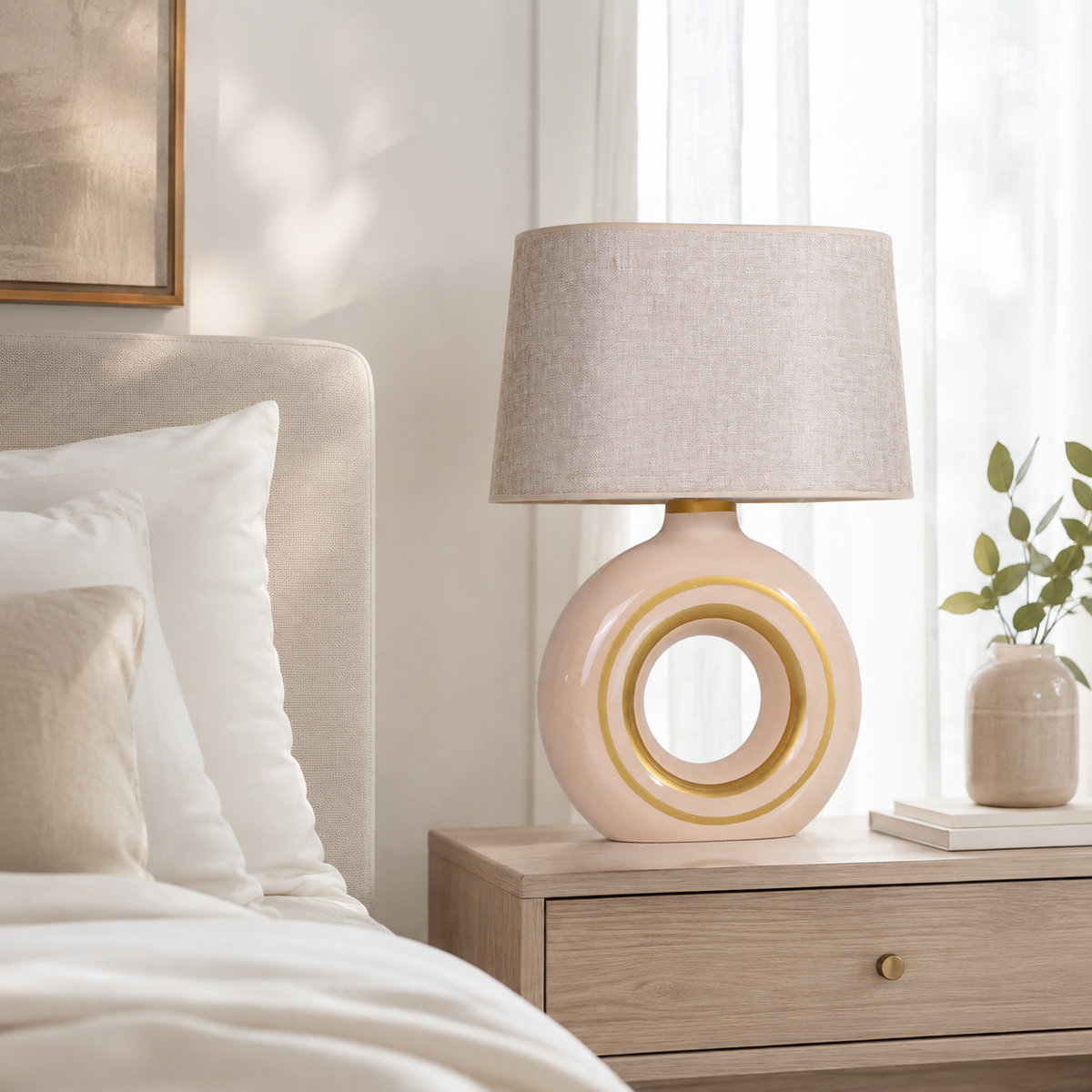 Modern Round Ceramic Table Lamp, Cream & Gold Ring Donut Lamp with Linen Shade