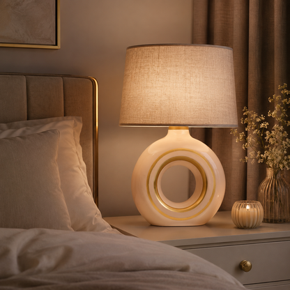 Modern Round Ceramic Table Lamp, Cream & Gold Ring Donut Lamp with Linen Shade