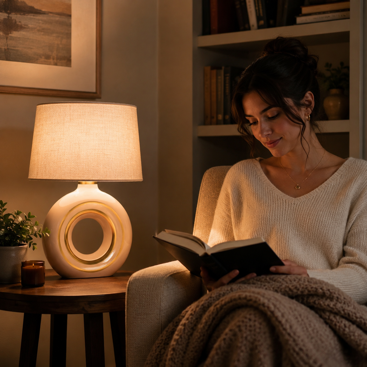 Modern Round Ceramic Table Lamp, Cream & Gold Ring Donut Lamp with Linen Shade