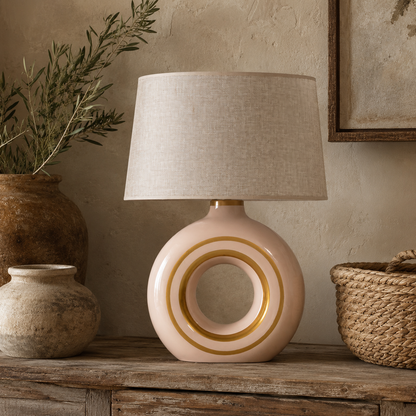 Modern Round Ceramic Table Lamp, Cream & Gold Ring Donut Lamp with Linen Shade