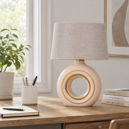 Modern Round Ceramic Table Lamp, Cream & Gold Ring Donut Lamp with Linen Shade