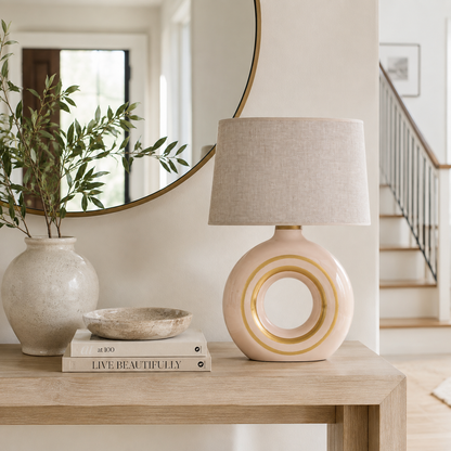 Modern Round Ceramic Table Lamp, Cream & Gold Ring Donut Lamp with Linen Shade