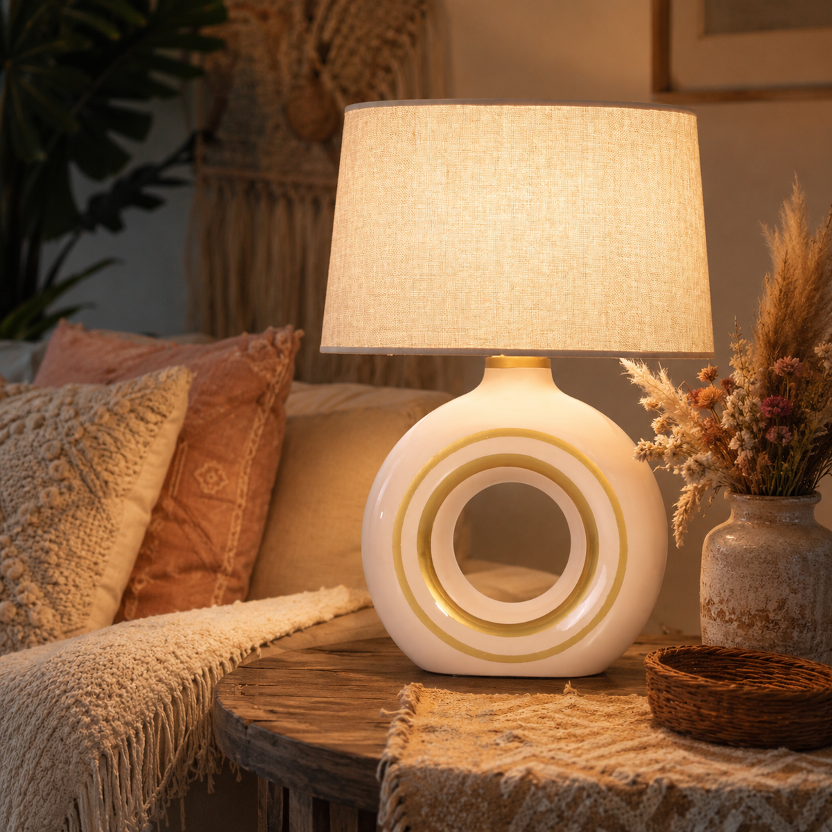 Modern Round Ceramic Table Lamp, Cream & Gold Ring Donut Lamp with Linen Shade