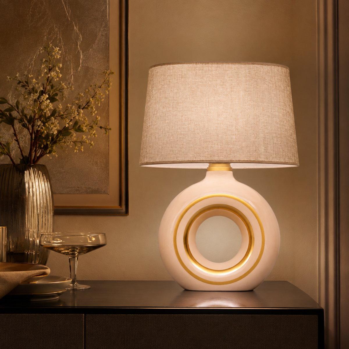 Modern Round Ceramic Table Lamp, Cream & Gold Ring Donut Lamp with Linen Shade