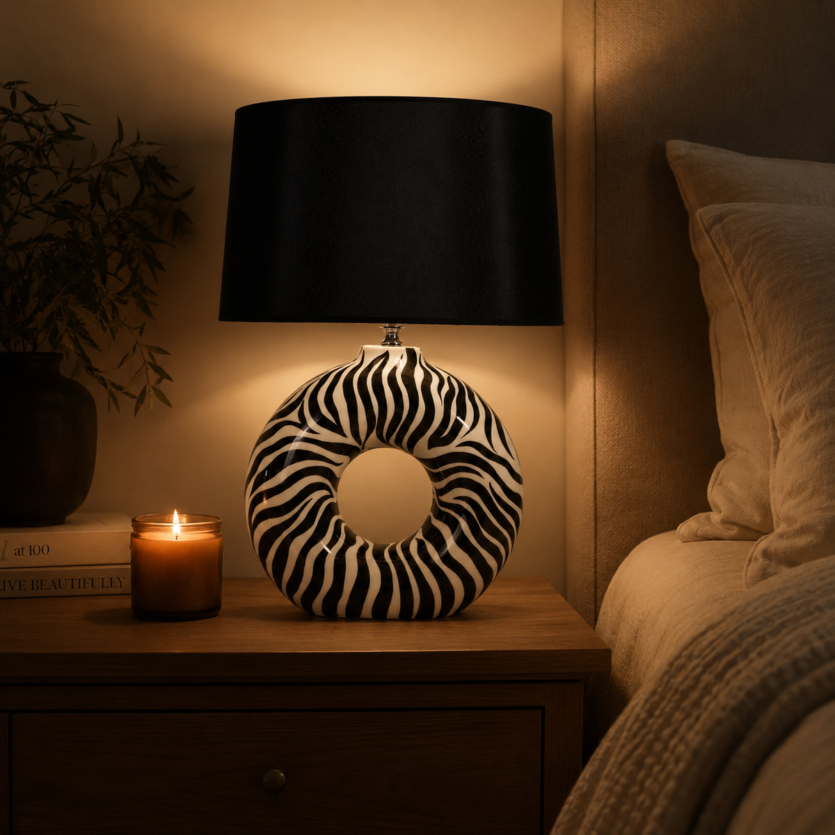Modern Round Ceramic Table Lamp, Black & White Zebra Print Donut Lamp
