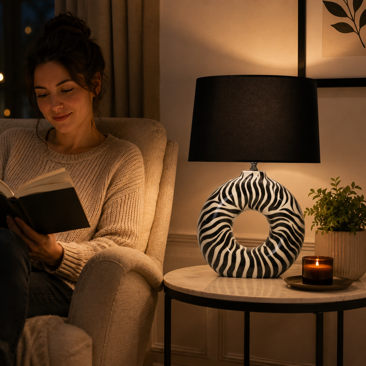 Modern Round Ceramic Table Lamp, Black & White Zebra Print Donut Lamp