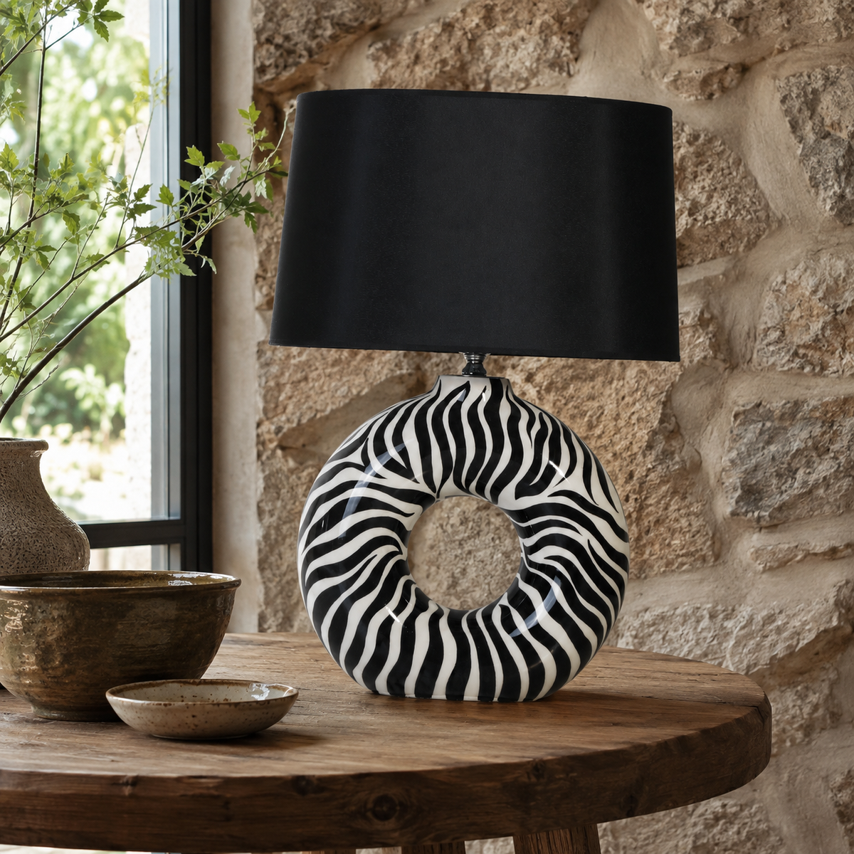 Modern Round Ceramic Table Lamp, Black & White Zebra Print Donut Lamp