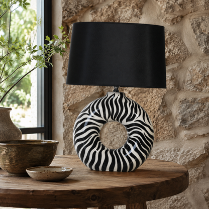 Modern Round Ceramic Table Lamp, Black & White Zebra Print Donut Lamp