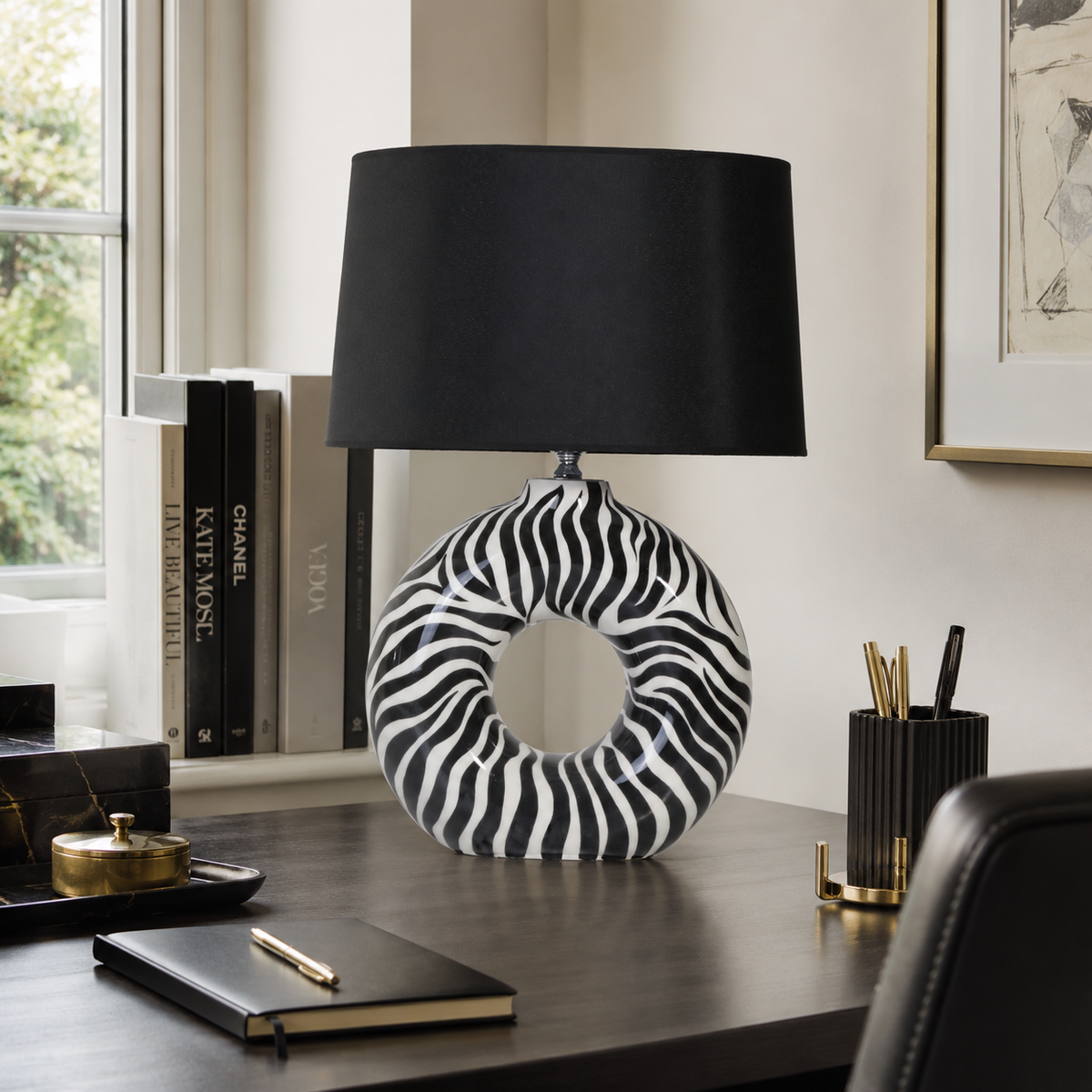 Modern Round Ceramic Table Lamp, Black & White Zebra Print Donut Lamp