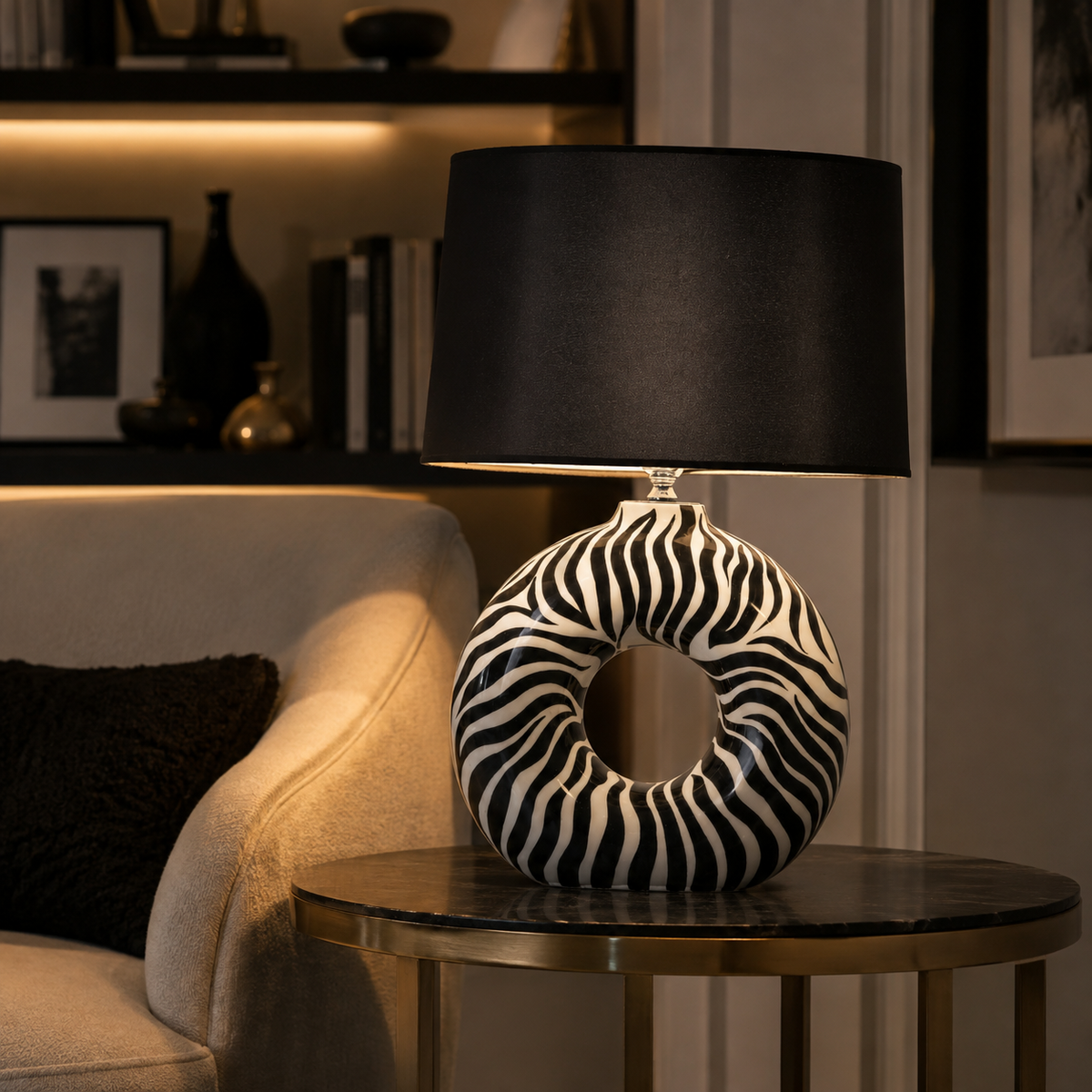 Modern Round Ceramic Table Lamp, Black & White Zebra Print Donut Lamp